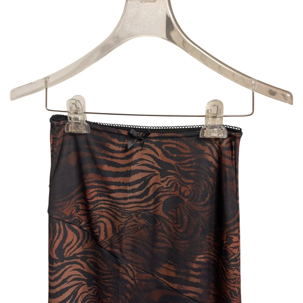 Brown Tiger Print Mesh Midi Skirt Asymmetrical Lettuce Hem Side Slit Bow Trim